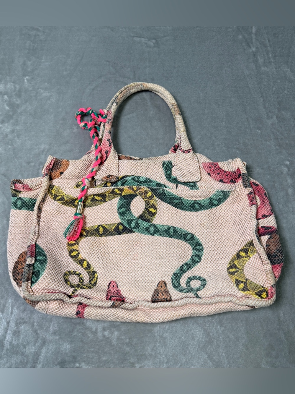 Vince Camuto Orla Tote Bag Canvas Coiled Snake Pink Multicolor Boho